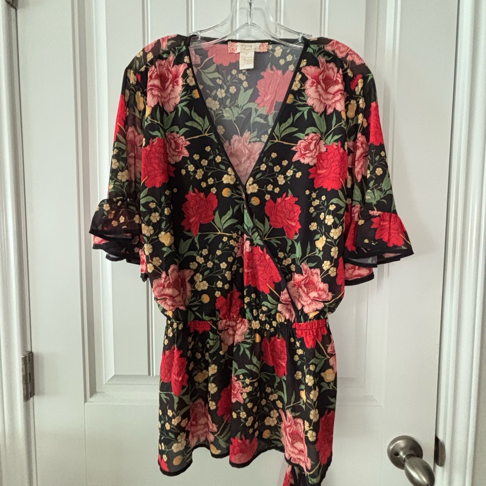 Floral V-Neck Kimono Faux wrap Sleeve Top